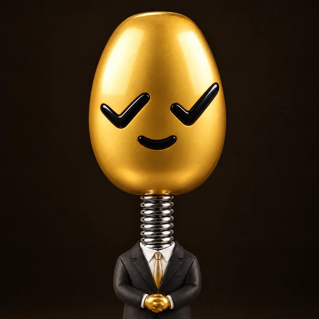 YEP, a golden egg-headed figure on a chrome spring, wearing a dark suit